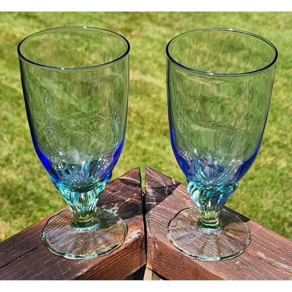Set of 2 Bormioli Rocco Bahia Blue Green Footed Iced Tea Water Goblets 7 3/8" - Picture 3 of 6